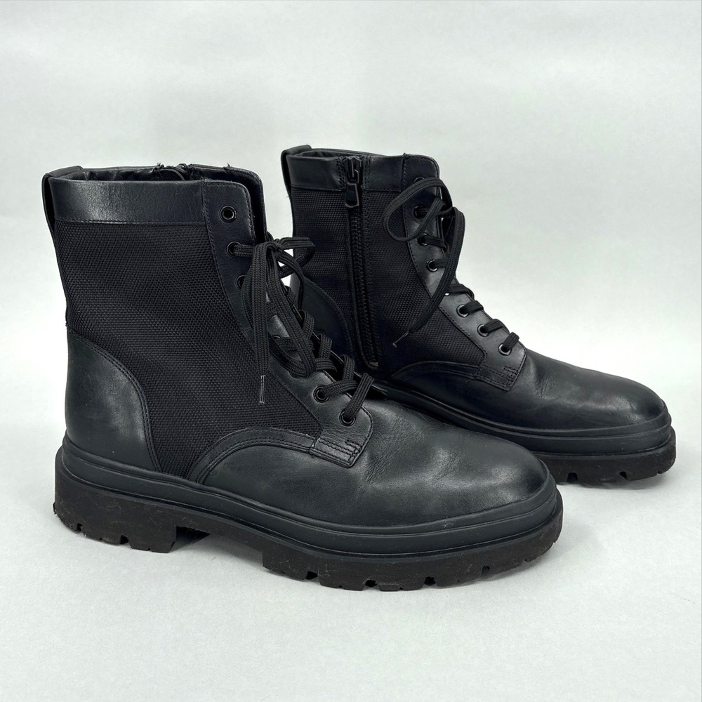 Vince Boots Mens 9.5 43 Black Leather Water Repellent Combat Lace Up Side Zip